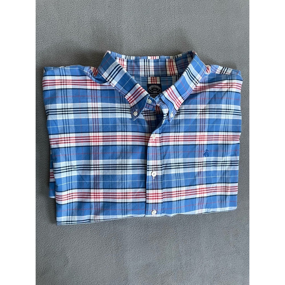 Brooks Brothers Short Sleeve Button Down Mens 1818 Sz 4xl Blue Plaid Non Iron